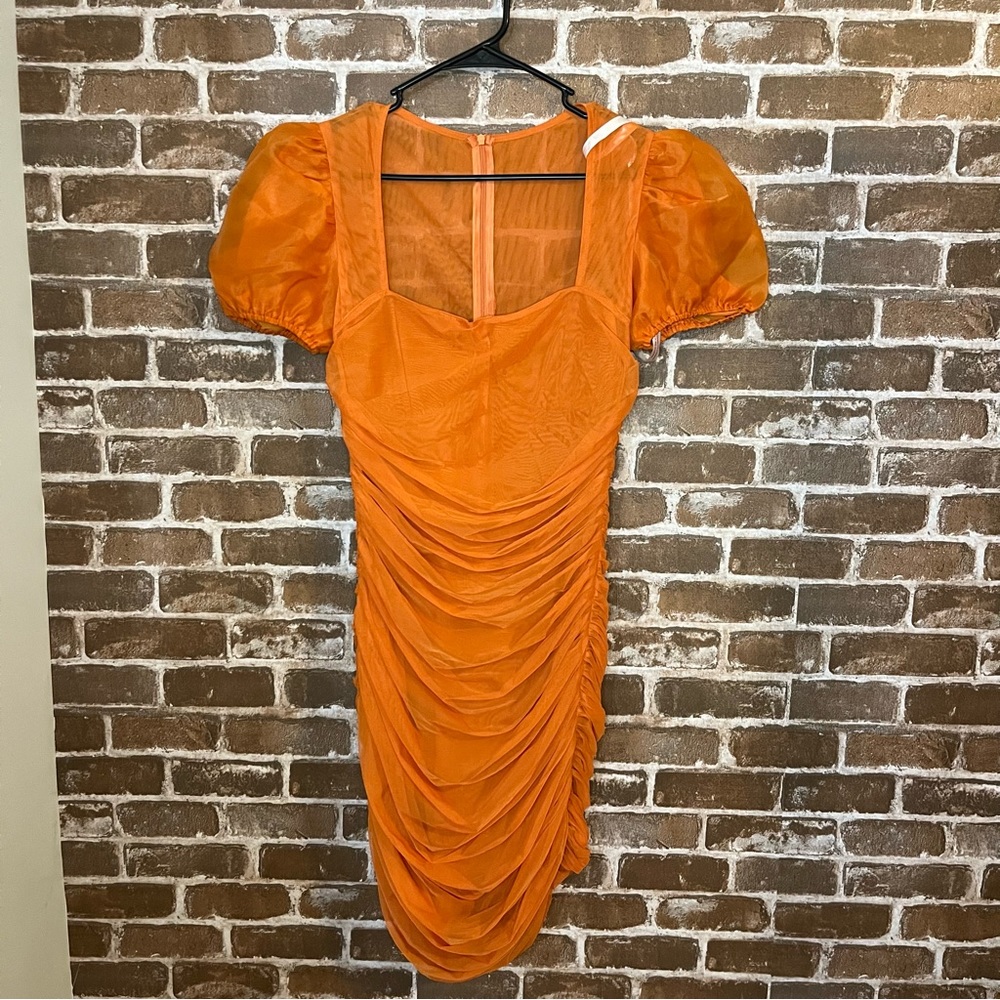 NWT Missguided orange rutched puff sleeve dress